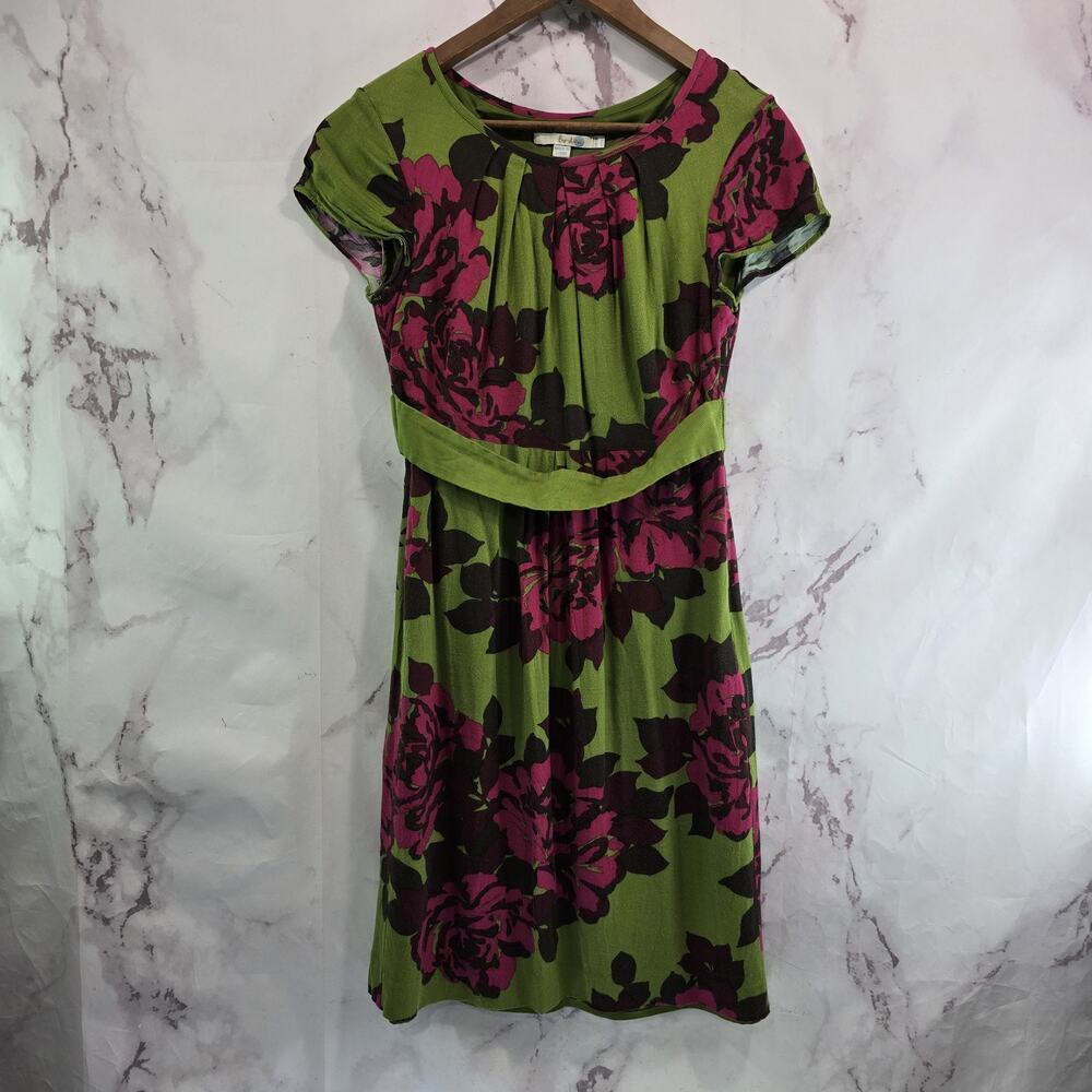 Boden Dress Women Small 6 R Green Pink Floral Ribbon Pleated Knee Length